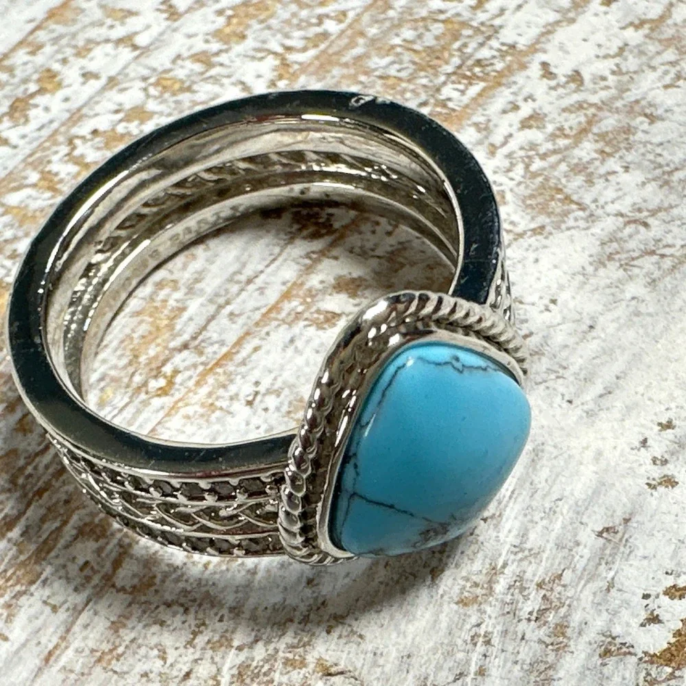 Bomb Party Farmhouse Chic Turquoise Pear Ring Silver Tone Braided Band Size 6.25